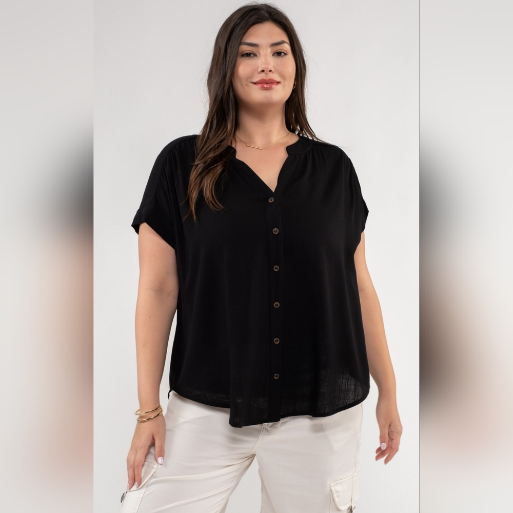 Black Short Rolled Sleeve Button Down Shirt